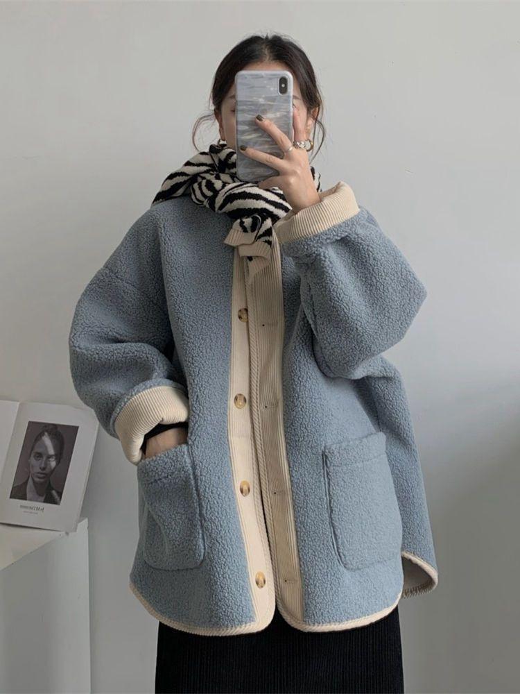 Crew Neck Contrast Trim Button-Up Fleece Jacket Product Image