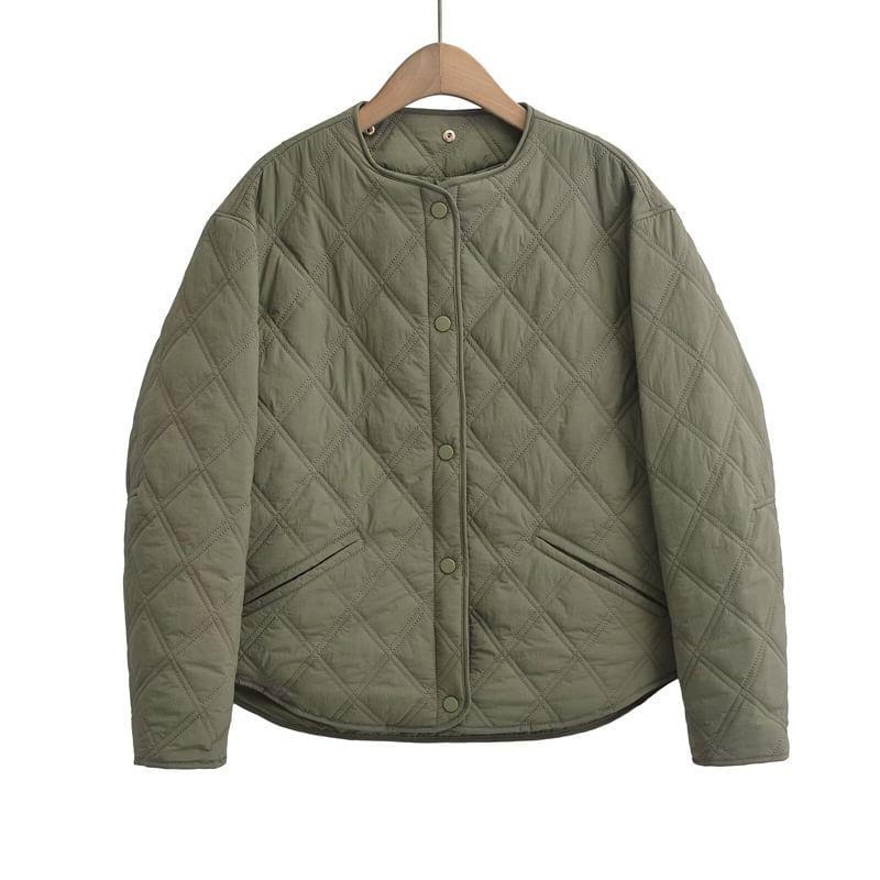 Plain Quilted Hooded Button-Up Jacket Product Image