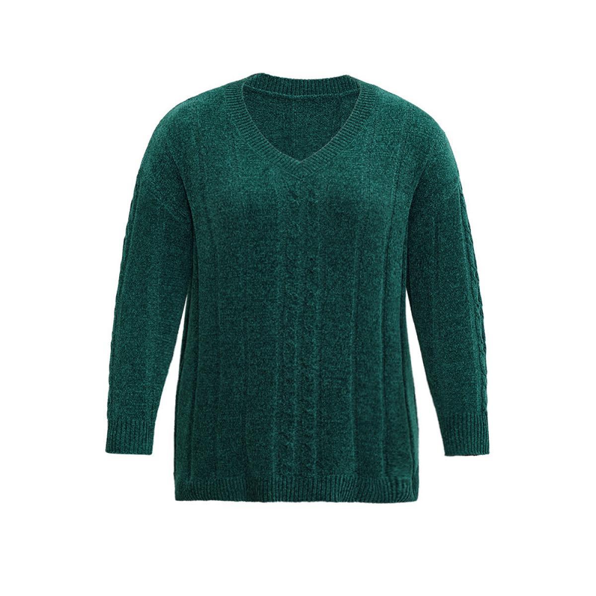 Plus Size Christmas Plain Cable Knit V Neck Pullover Emerald Women Casual Loose Long Sleeve V-neck Festival-Christmas Pullovers BloomChic 14-16/1X Product Image