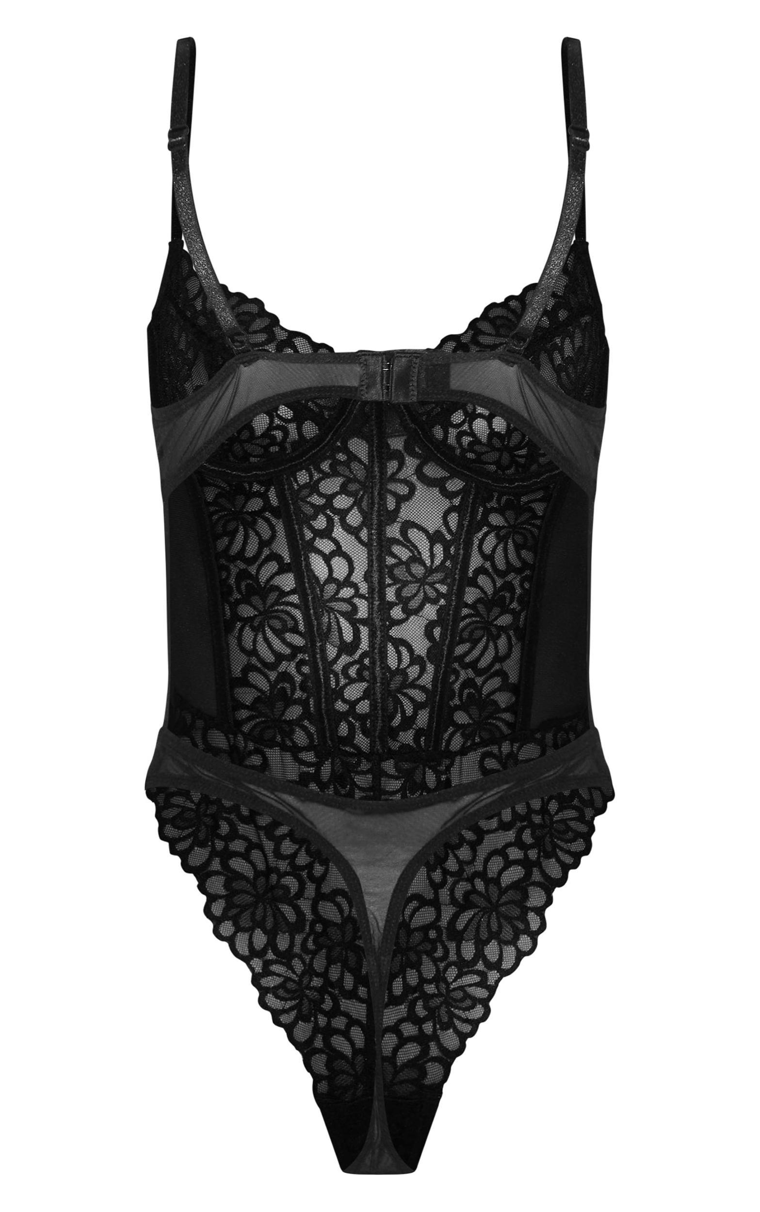 Black Floral Scalloped Edge Lace Cut Out Bodysuit Product Image