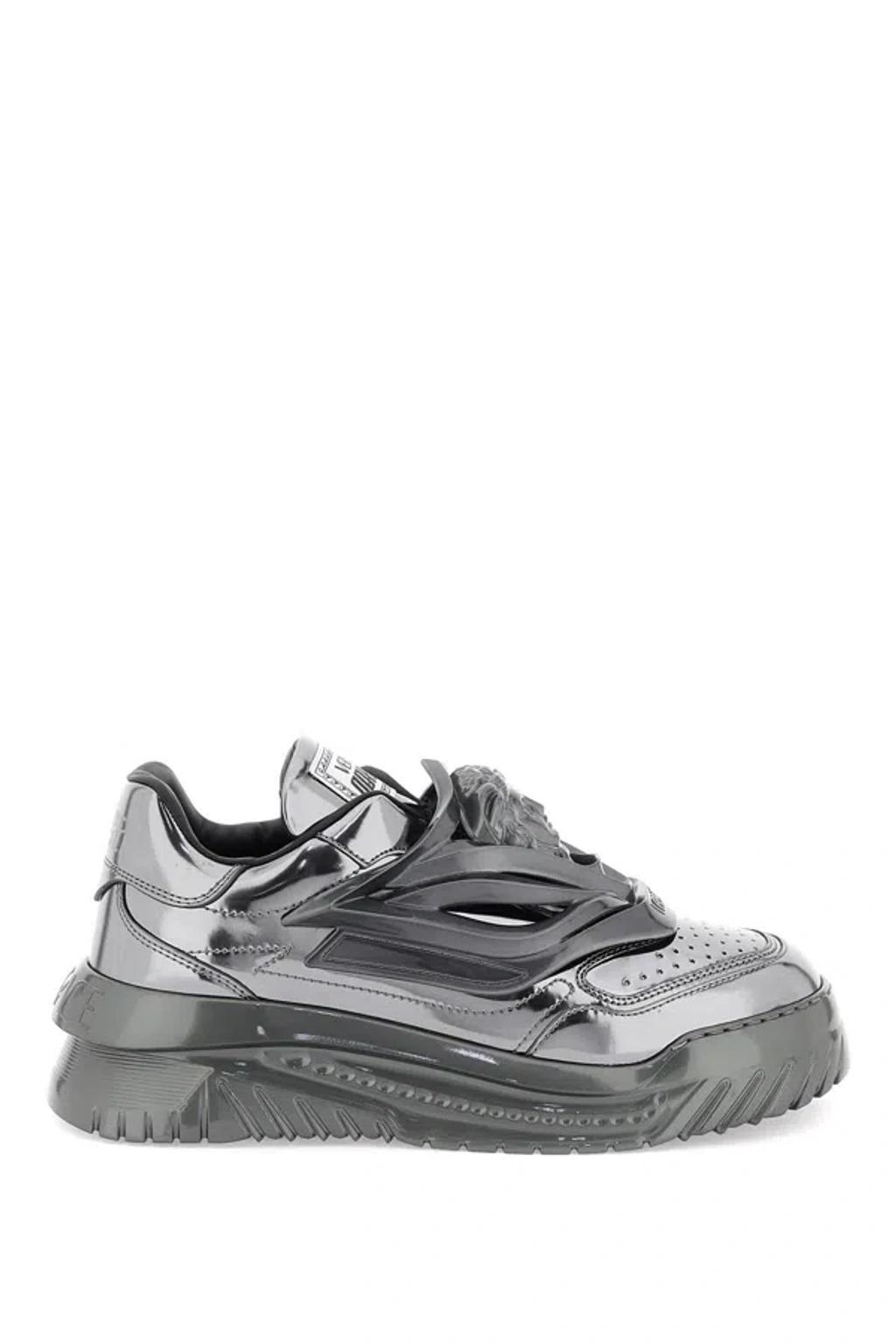 VERSACE Odissea Leather Low-top Sneakers In Gunmetal Product Image