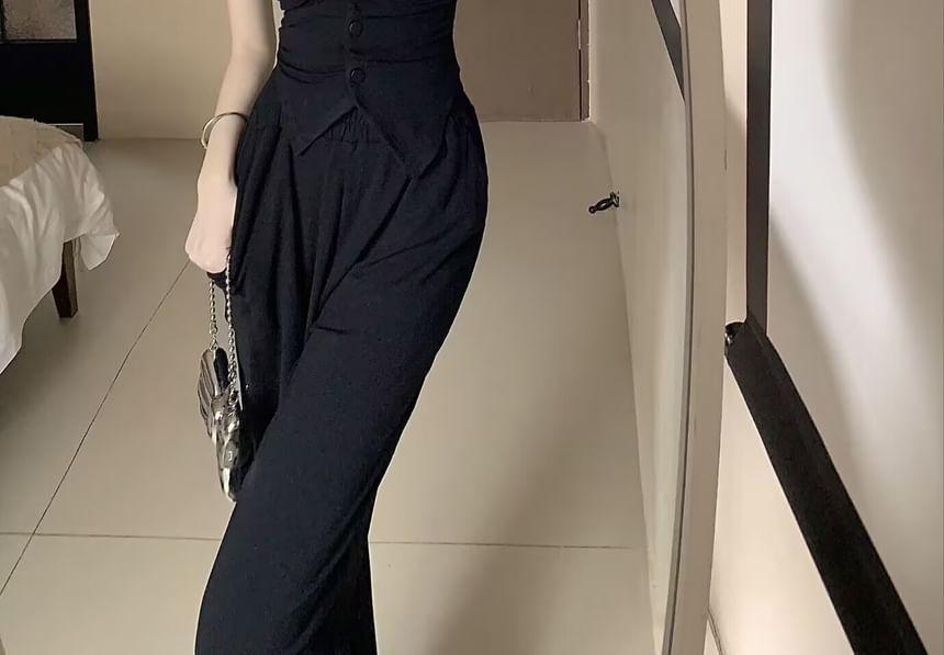 Set: Plain Ruched Tube Top + Elastic Waist Wide Leg Pants Product Image