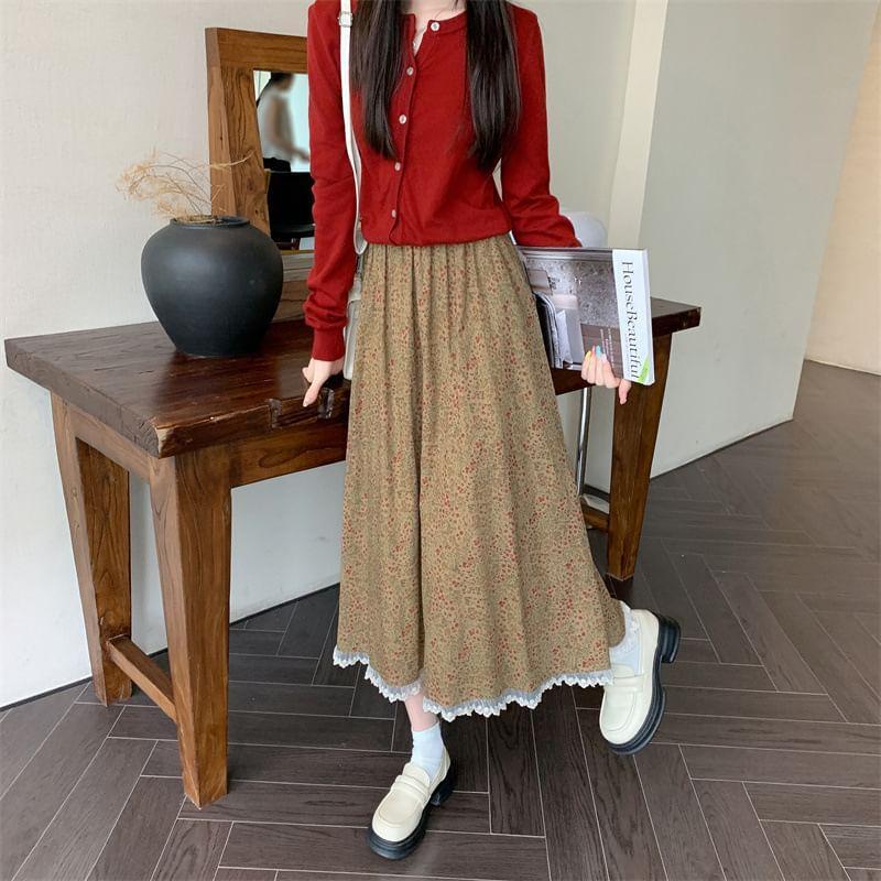 High Rise Floral Print Lace-Trim Midi A-Line Skirt Product Image