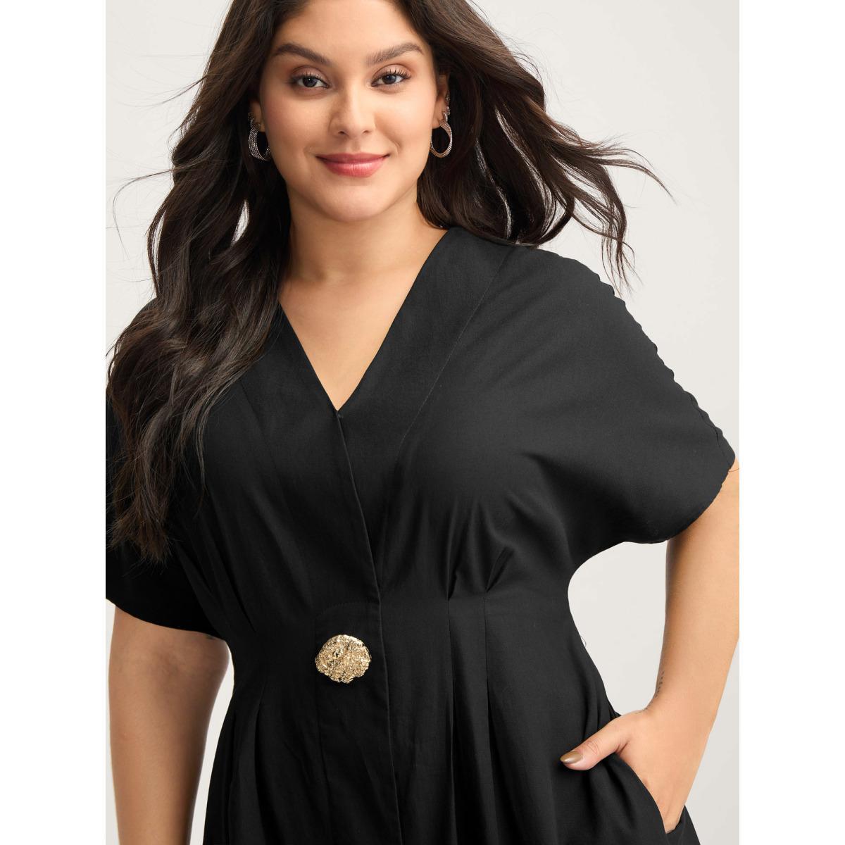 Plus Size Deep V-Neck Decorative Button Midi Dress Black Women Overlap Collar Short sleeve Curvy BloomChic 12/L Product Image