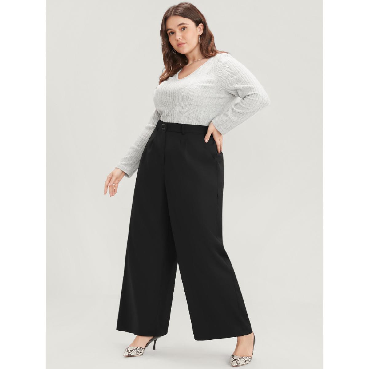 Plus Size Solid Pocket Elastic Waist Wide Leg Pants Women Black Casual Loose Mid Rise Dailywear Pants BloomChic 14-16/1X Product Image