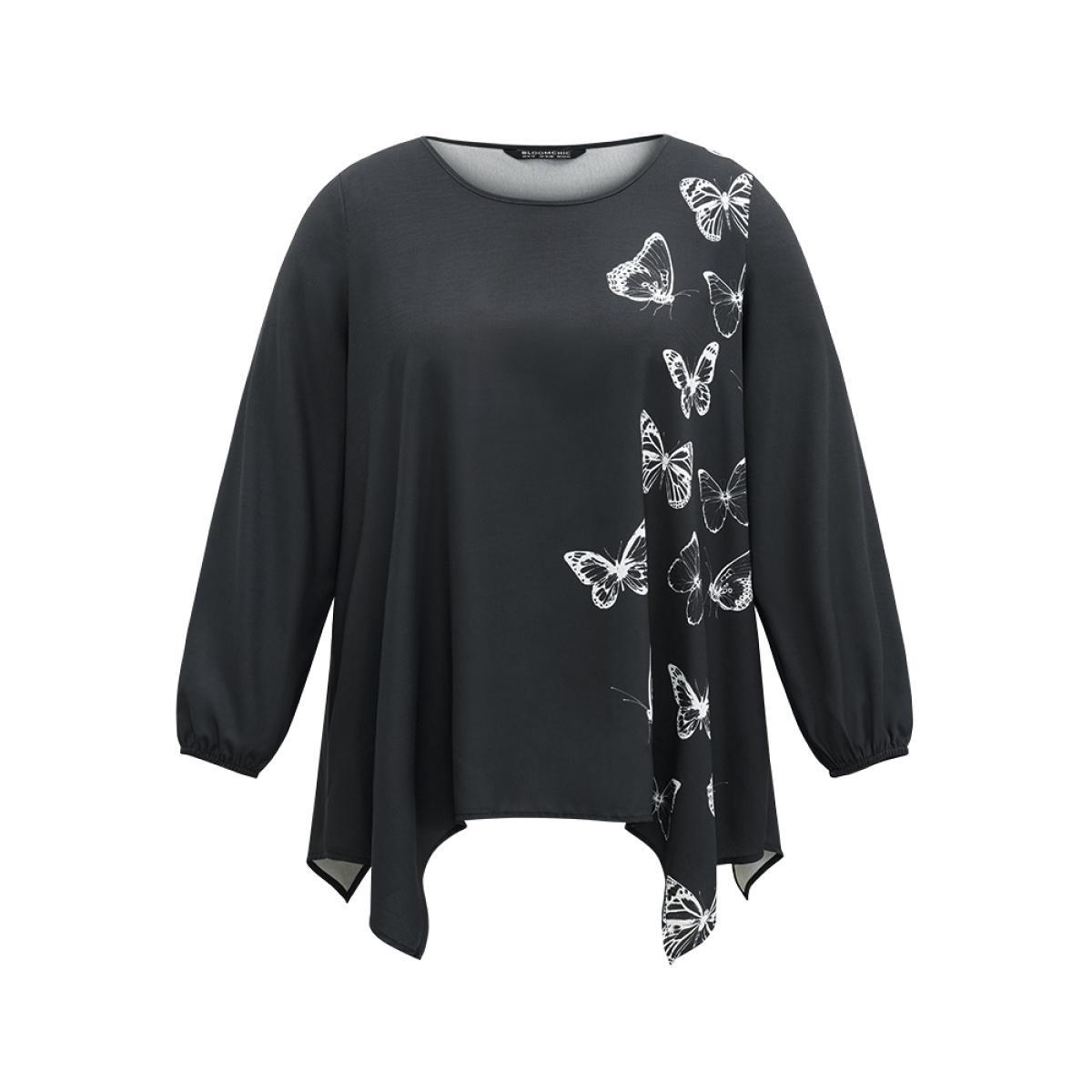 Plus Size Black Butterfly Crew Neck Lantern Sleeve Hanky Hem Blouse Women Elegant Long Sleeve Round Neck Work Blouses BloomChic 30/6X Product Image