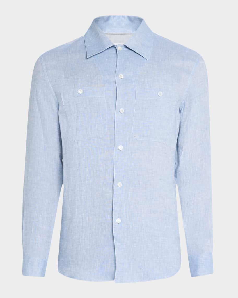 Mens Linen Double-Pocket Casual Button-Down Shirt Product Image