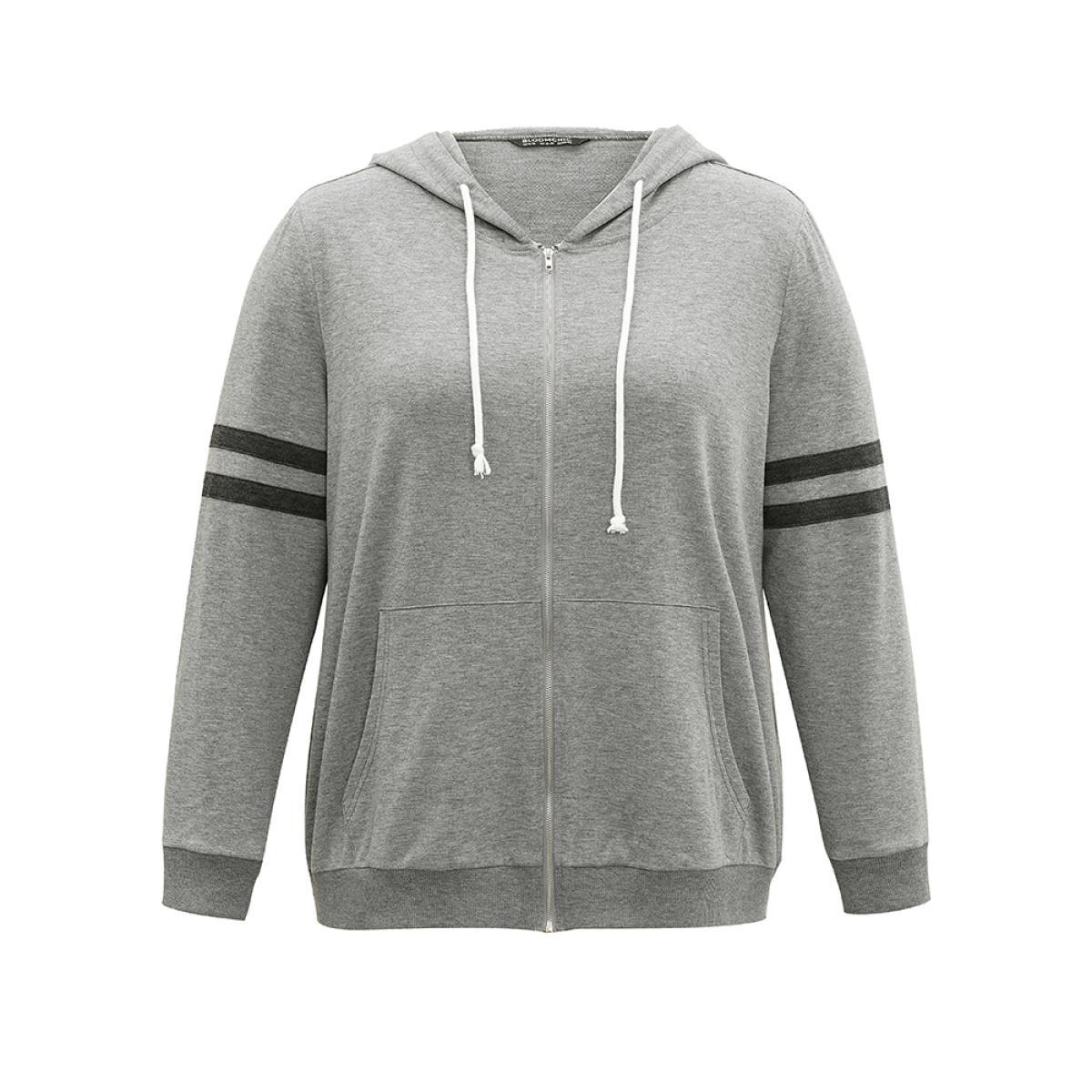 Plus Size Striped Hooded Pocket Zipper Fly Sweatshirt Women Gray Casual Elastic cuffs Hooded Dailywear Sweatshirts BloomChic 14-16/1X Product Image