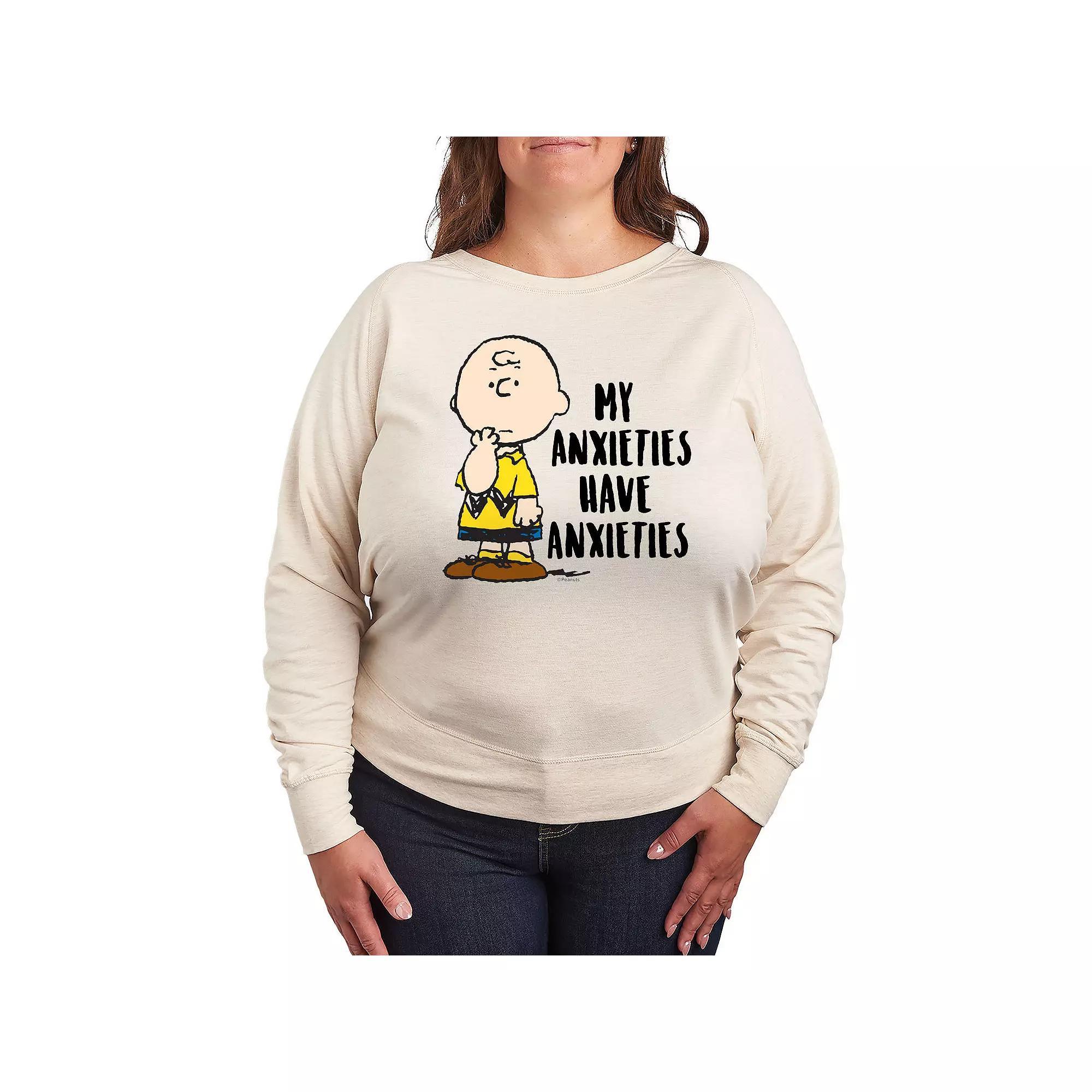 Plus Size Peanuts Charlie Brown Anxieties French Terry Long Sleeve Tee, Womens Grey Green Product Image