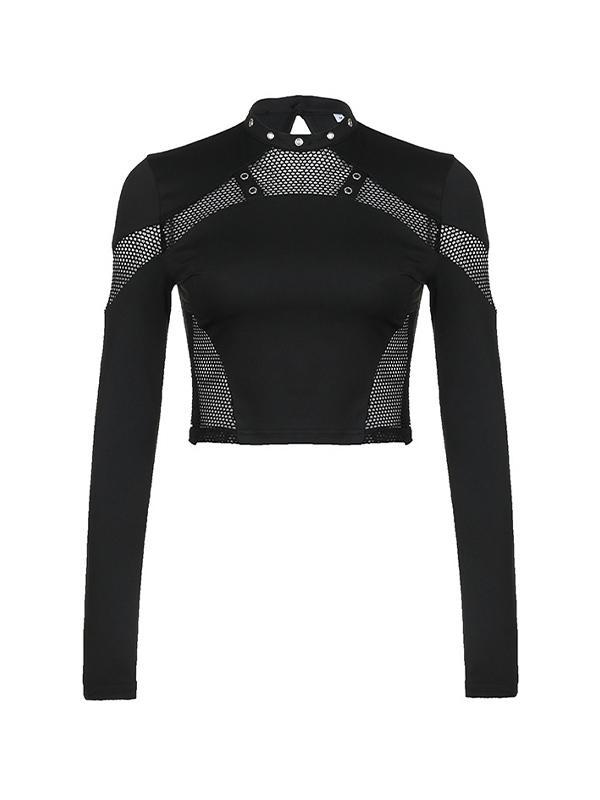 Cutout Mesh Splice Eyelet Long Sleeve Tee Product Image