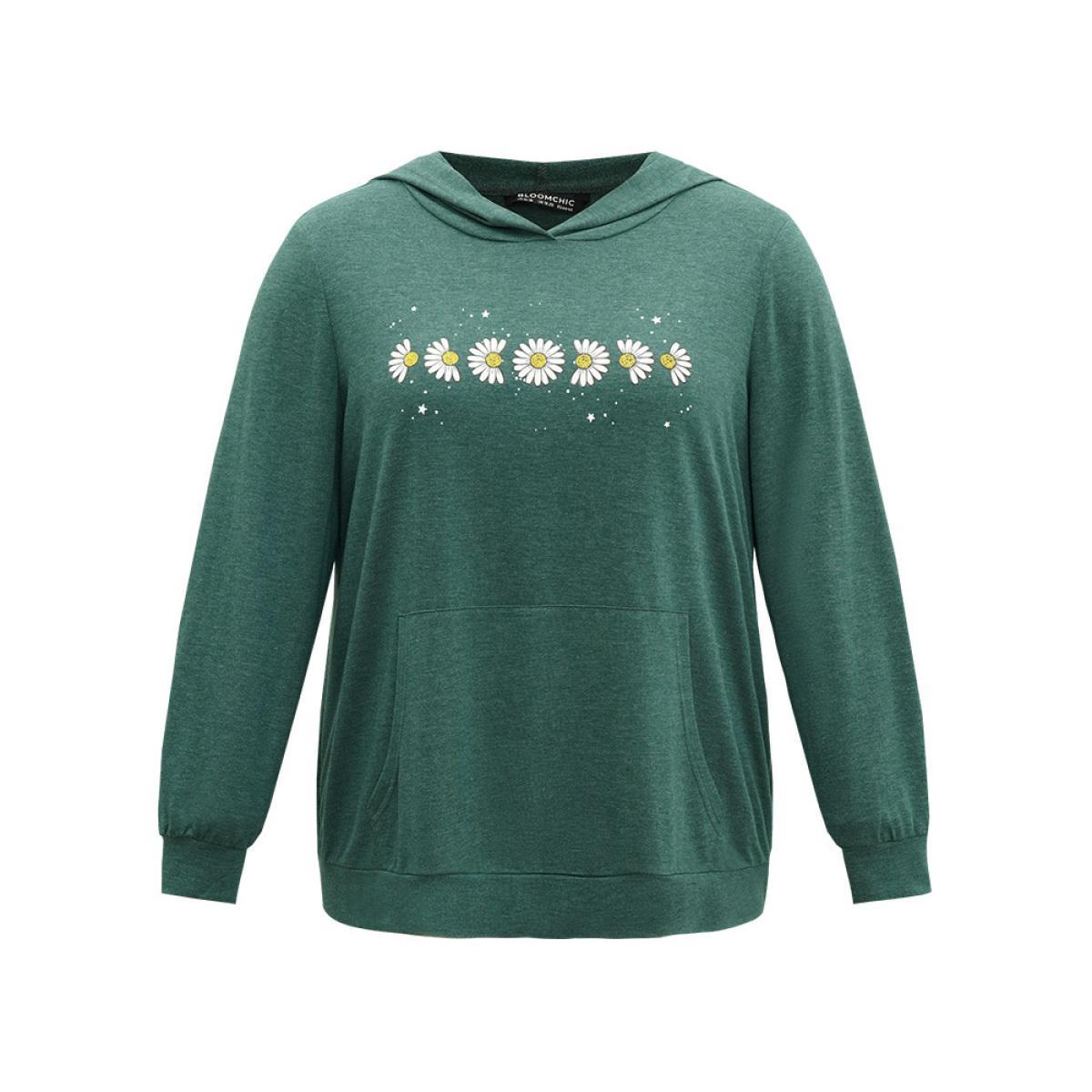 Plus Size Floral Print Pocket Hooded Sweatshirt Women DarkGreen Casual Printed Dailywear Sweatshirts BloomChic 18-20/2X Product Image
