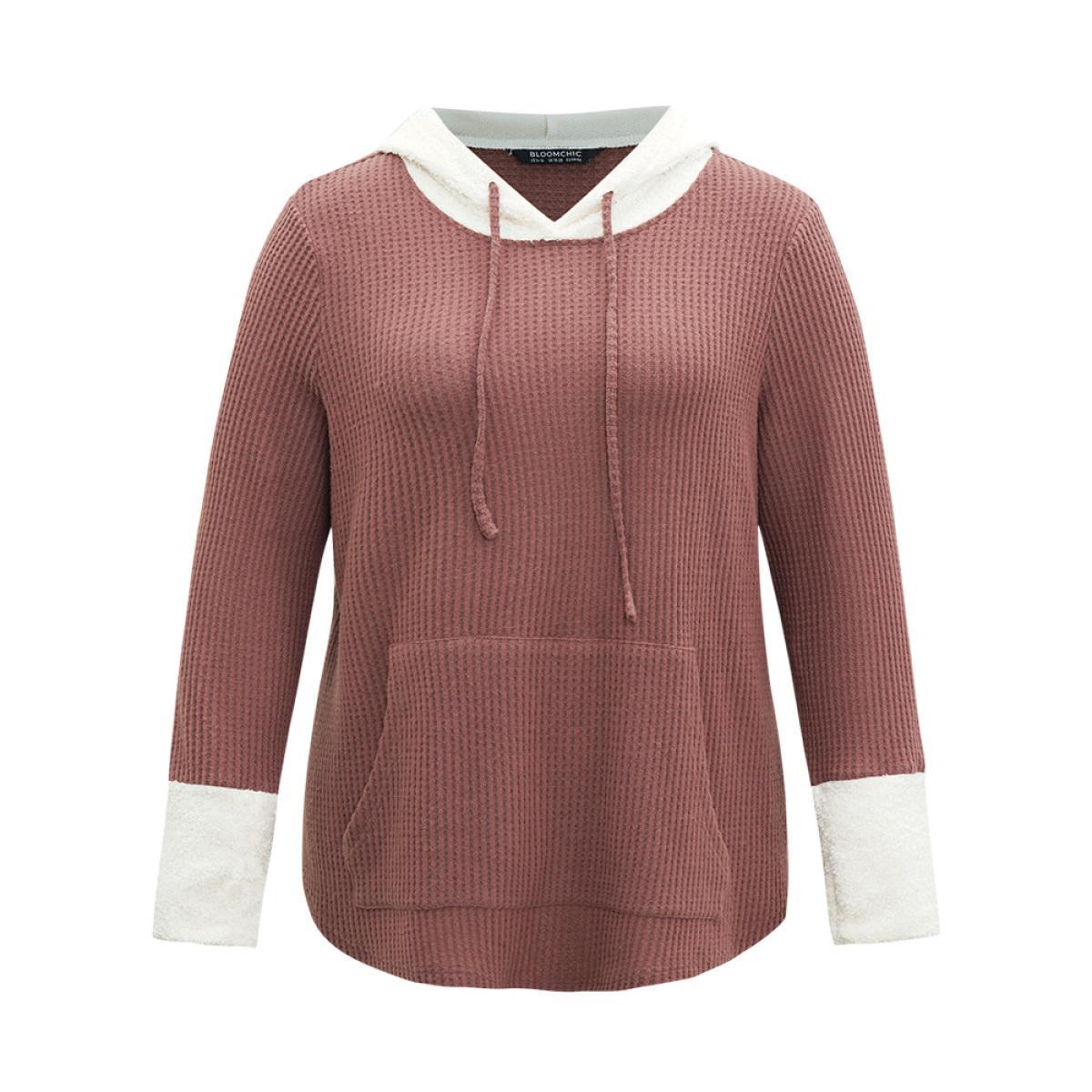 Plus Size Waffle Knit Pocket Hooded Patchwork Sweatshirt Women DustyPink Casual Waffle Knit Hooded Everyday Sweatshirts BloomChic 26/4X Product Image