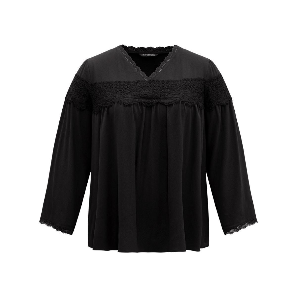 Plus Size Black V Neck Lace Panel Gathered Blouse Women Glamour Long Sleeve V-neck Going out Blouses BloomChic 22-24/3X Product Image