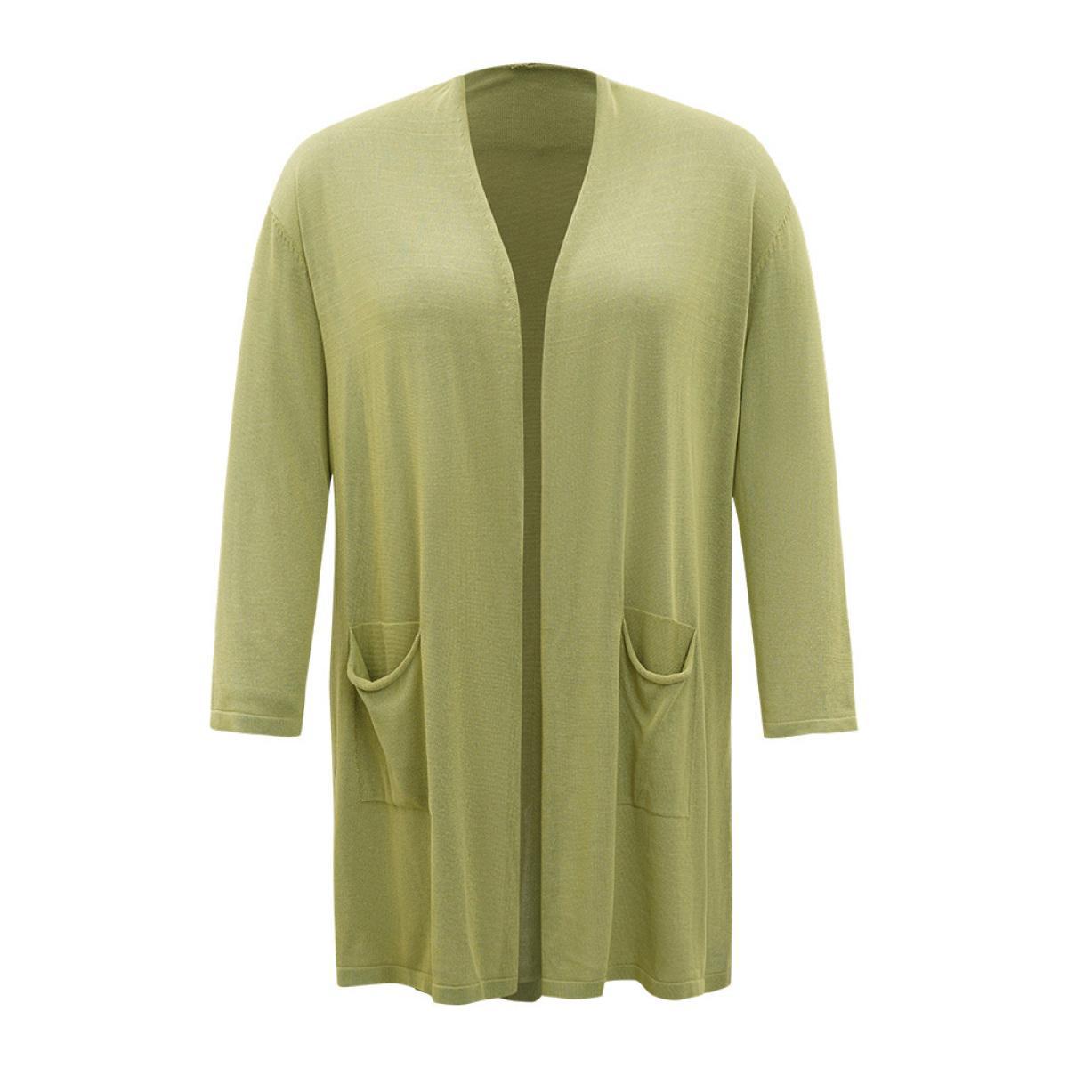 Plus Size Solid Patched Pocket Open Front Tunic Cardigan Moss Women Casual Loose Long Sleeve Dailywear Cardigans BloomChic 22-24/3X Product Image