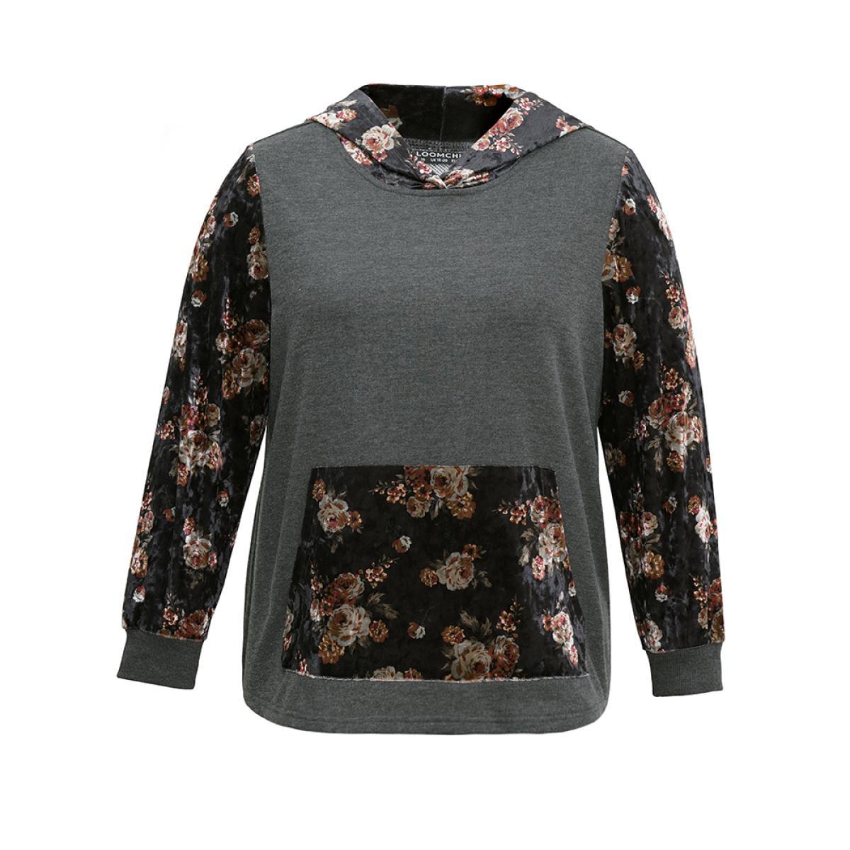 Plus Size Velvet Patchwork Floral Print Kangaroo Pocket Sweatshirt Women DimGray Elegant Velvet Hooded Dailywear Sweatshirts BloomChic 22-24/3X Product Image