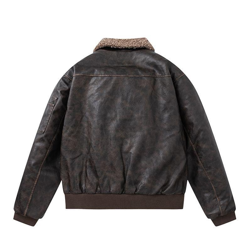 Couple Matching Fleece Collar Zip-Up Faux Leather Jacket (Various Designs) Product Image