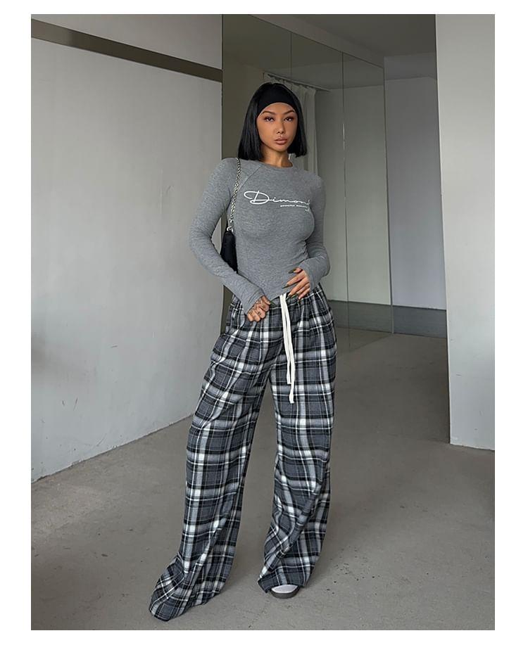 Drawstring Waist Plaid Wide Leg Pants Product Image