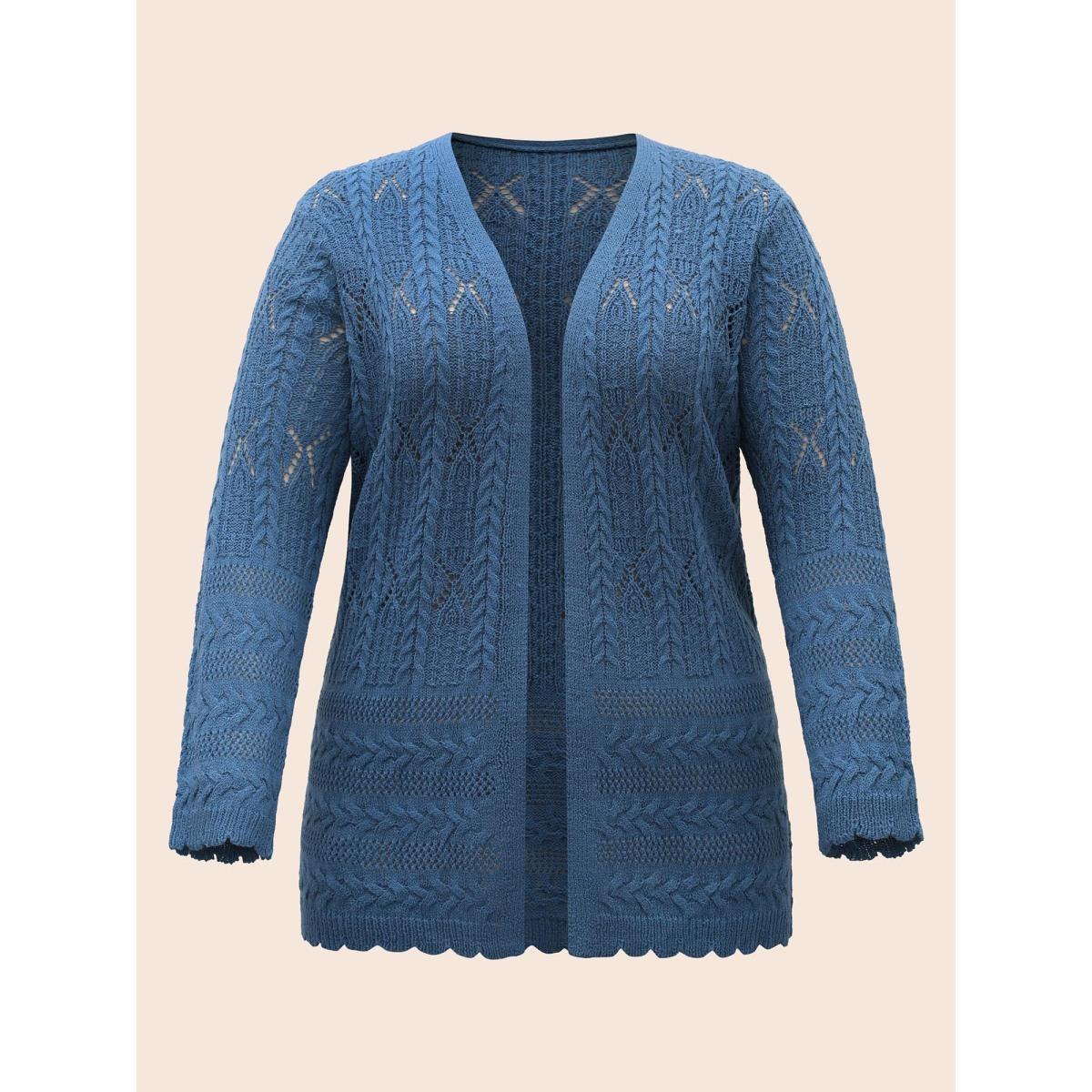 Plus Size Solid Scalloped Trim Cable Knit Cardigan Aegean Women Casual Loose Long Sleeve Everyday Cardigans BloomChic 30/6X Product Image