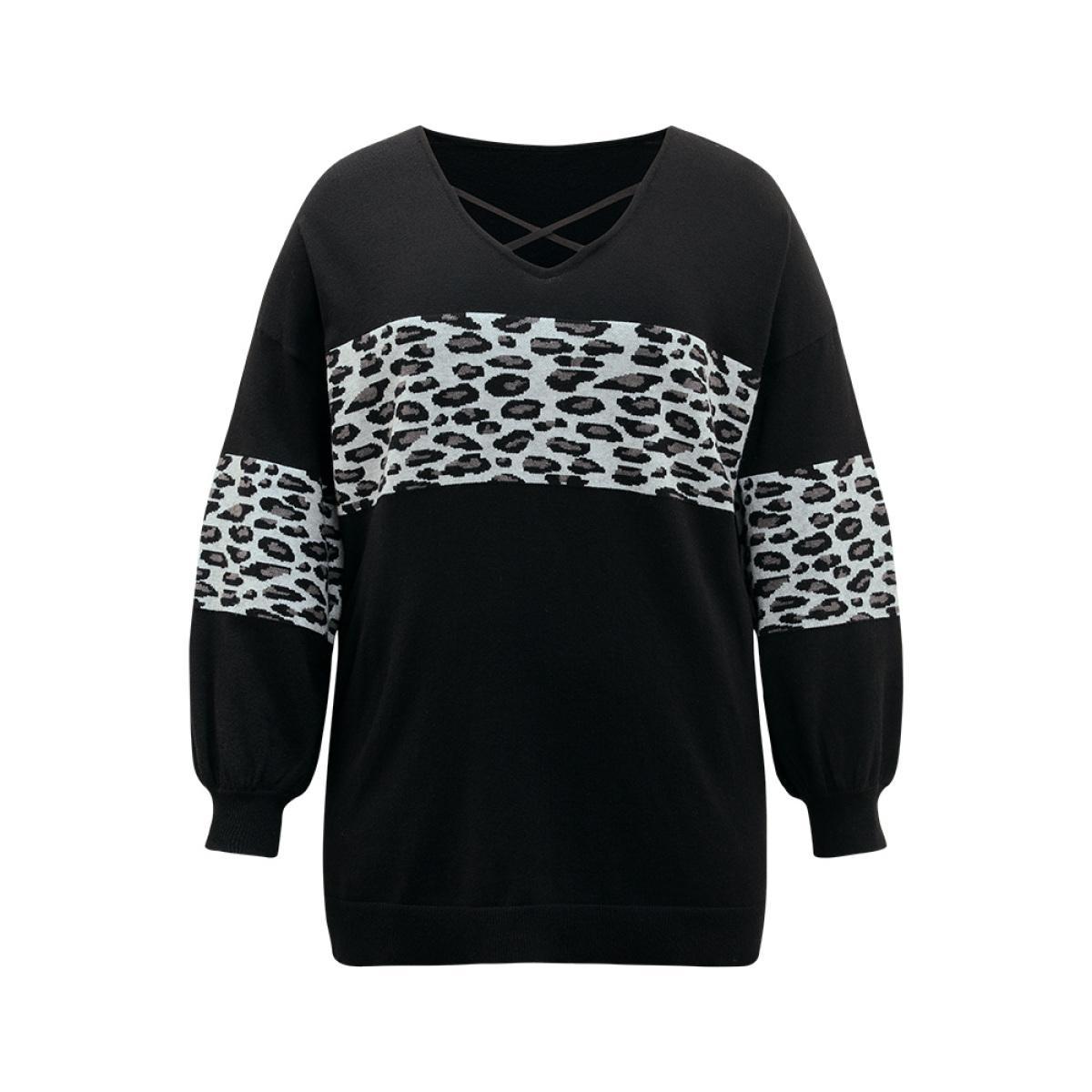 Plus Size Anti-Pilling Leopard Patchwork Crisscross Neck Pullover Black Women Casual Loose Long Sleeve V-neck Dailywear Pullovers BloomChic 10/M Product Image