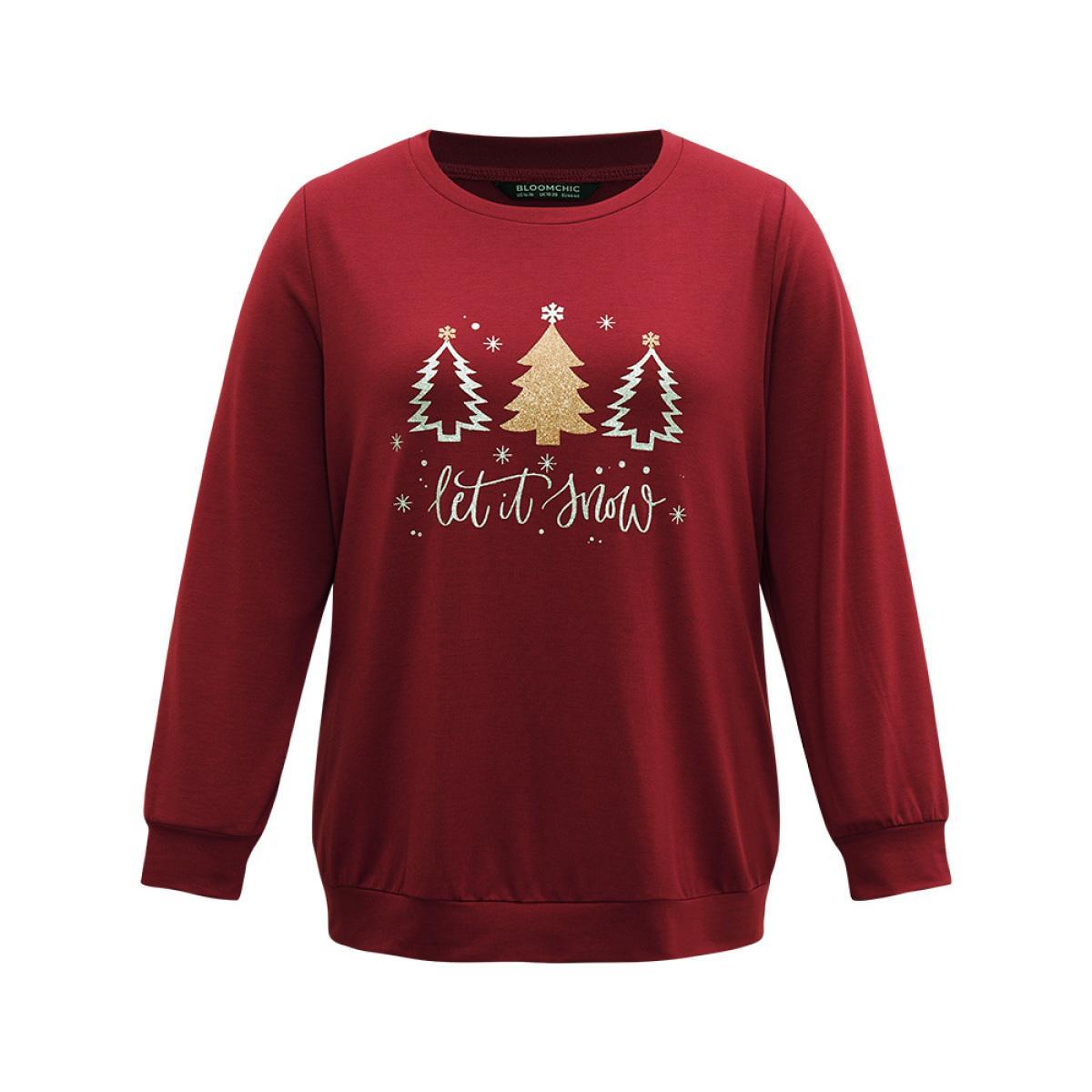 Plus Size Christmas Trees Round Neck Sweatshirt Women Raspberry Casual Printed Festival-Christmas Sweatshirts BloomChic 14-16/1X Product Image