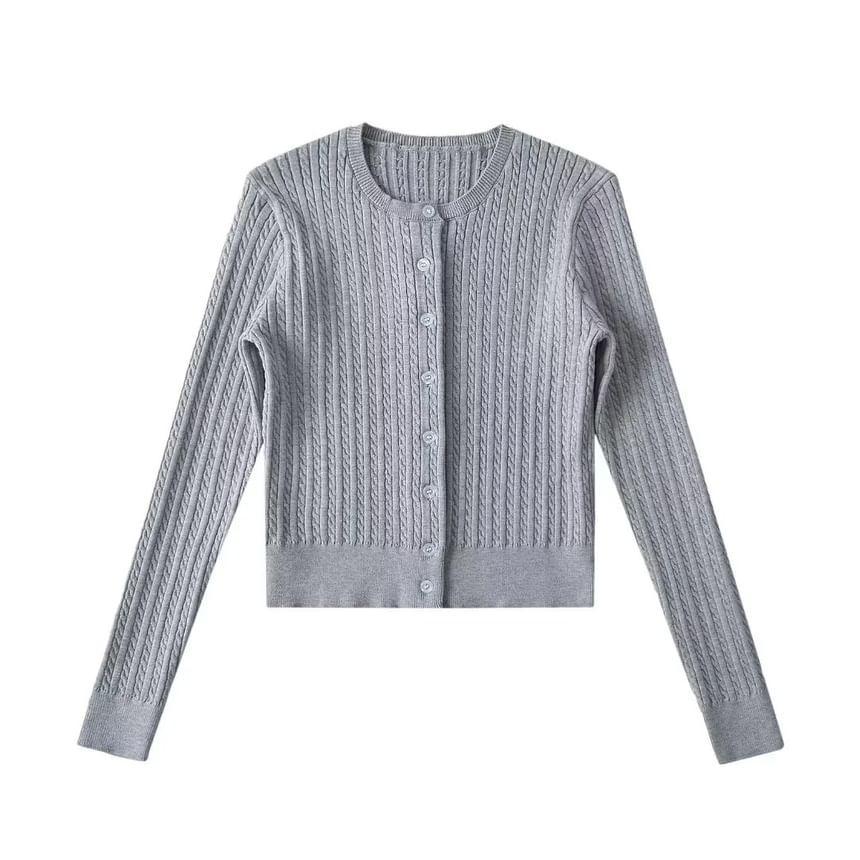 Round Neck Plain Cable Knit Cardigan Product Image