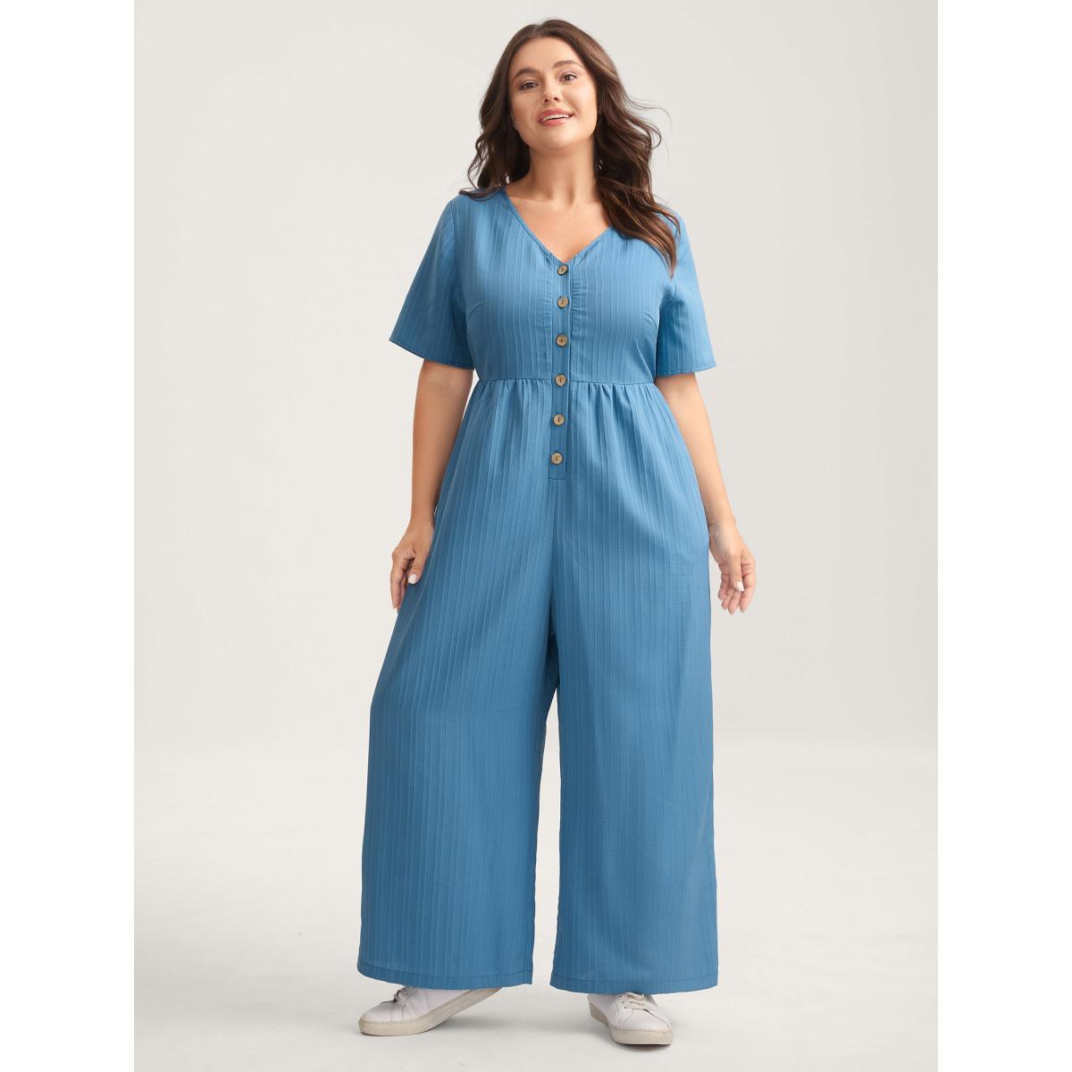 Plus Size DarkBlue Button Detail High Waisted Solid Jumpsuit Women Short sleeve V-neck Everyday-Casual Loose Jumpsuits BloomChic 14-16/1X Product Image
