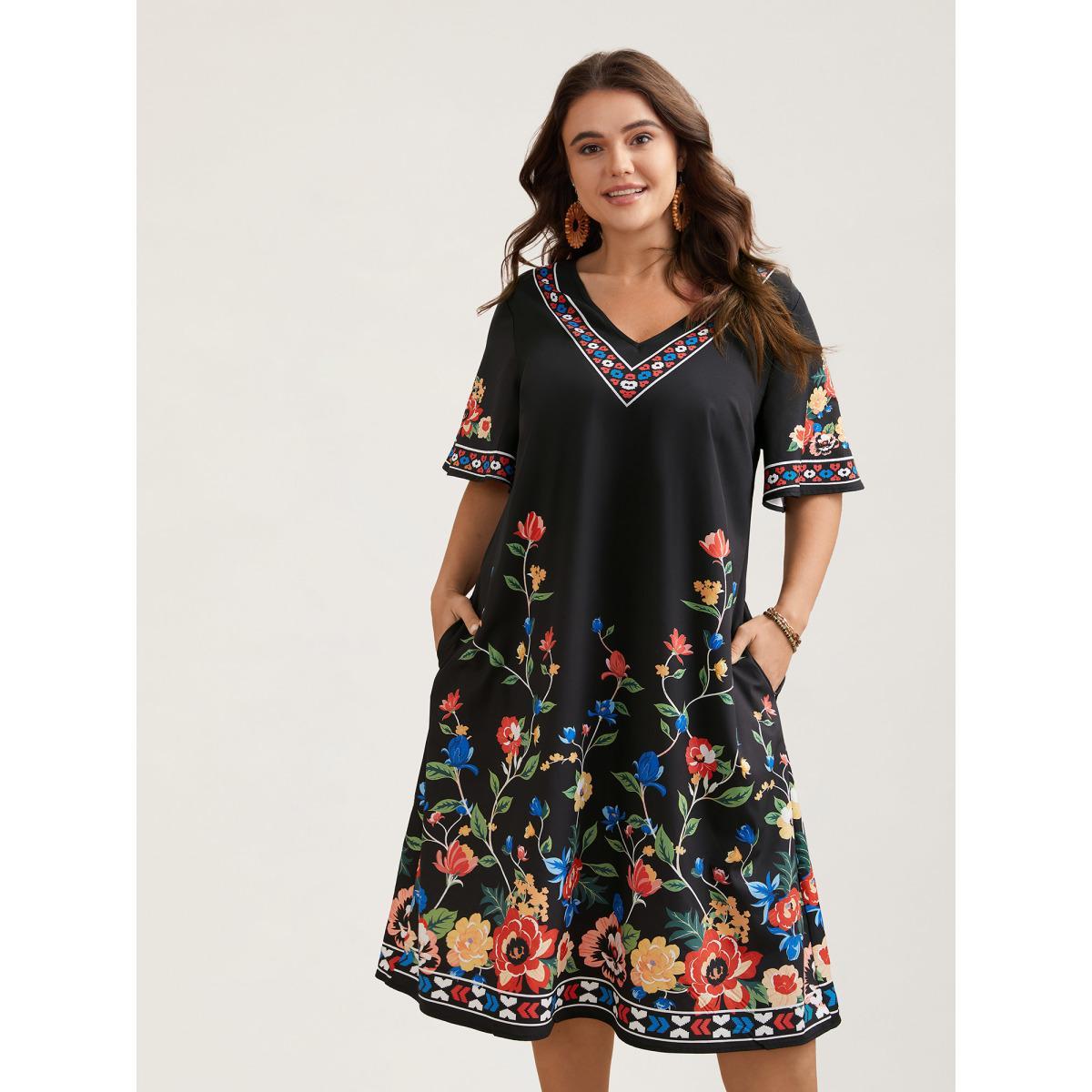 Plus Size Boho Print V-Neck Flared Sleeve Midi Dress Black Women Resort Non V-neck Short sleeve Curvy BloomChic 10/M Product Image