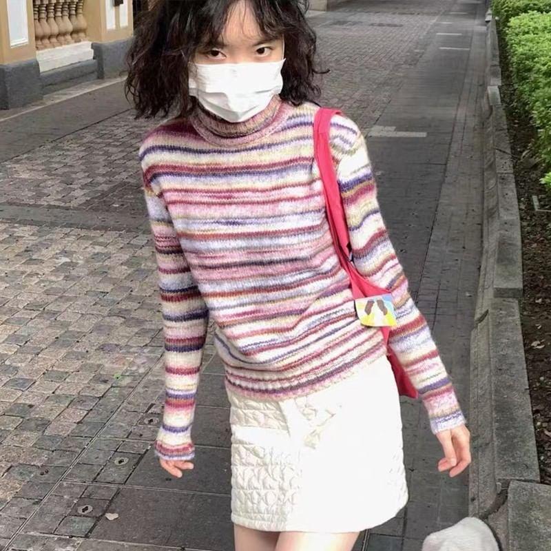 Long Sleeve Mock Neck Striped Loose-Fit Sweater Product Image