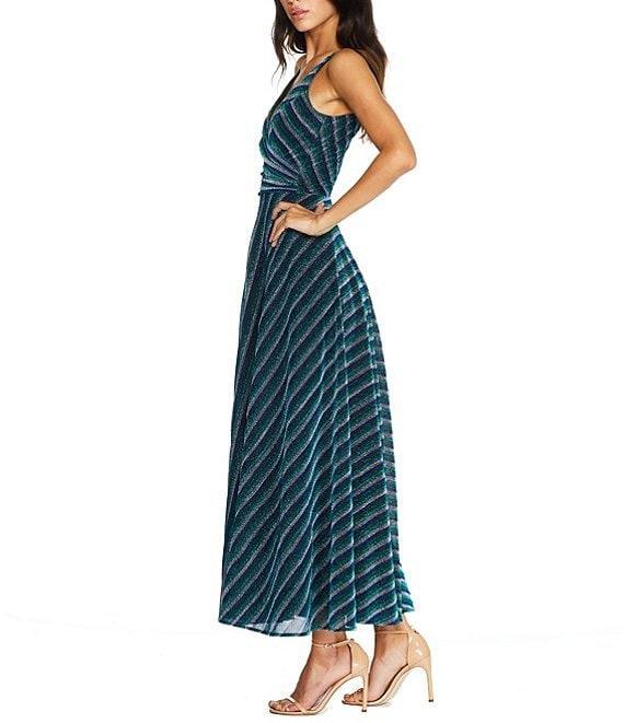 Dress the Population Lena Stripe Print Plunge V-Neck Sleeveless Wrap Bodice A-Line Maxi Dress Product Image