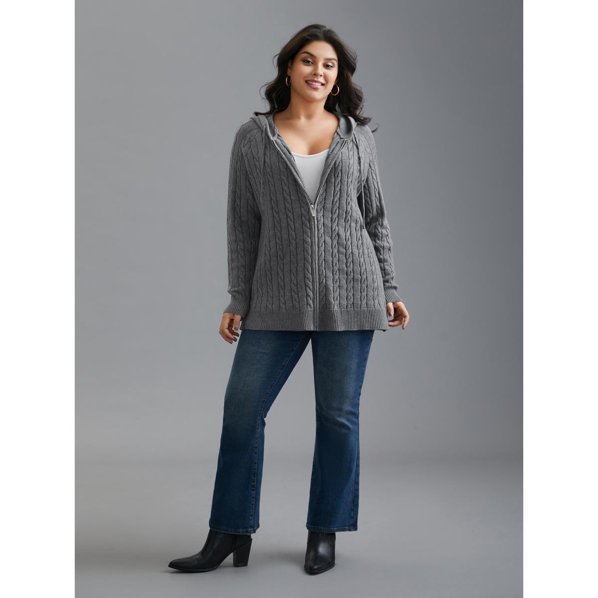 Plus Size Cable Knit Hooded Zipper Cardigan DimGray Women Casual Loose Long Sleeve Everyday Cardigans BloomChic 28/5X Product Image