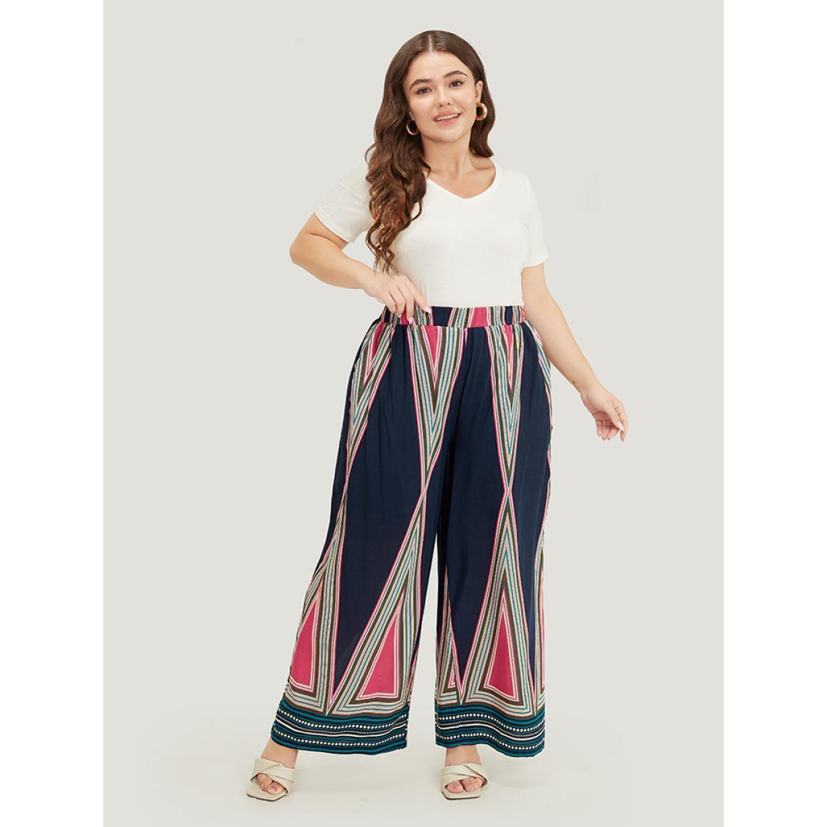 Plus Size Geometric Print Pocket Wide Leg Pants Women Indigo Vacation Loose High Rise Dailywear Pants BloomChic 12/L Product Image