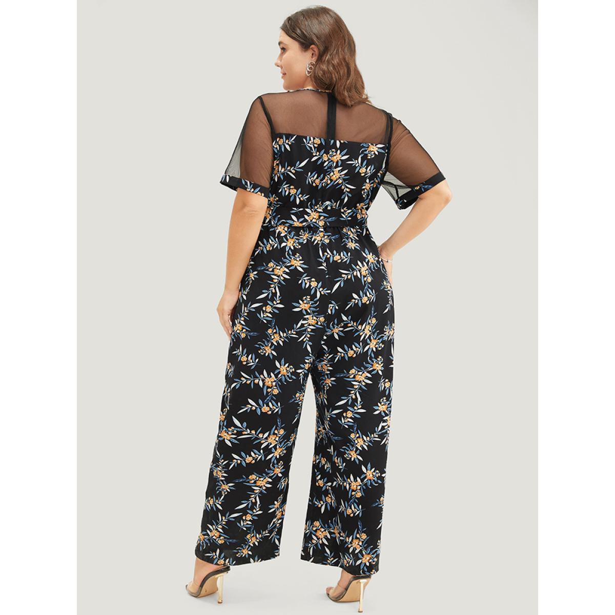 Plus Size Black Floral Mesh Patchwork Crew Neck Pocket Belted Jumpsuit Women Elegant Short sleeve Round Neck Dailywear Loose Jumpsuits BloomChic 14-16/1X Product Image
