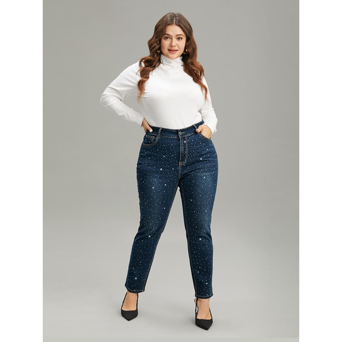 Plus Size Rhinestone Detail Dark Wash Straight Leg Jeans Women DarkBlue Casual Plain Rhinestone detailing High stretch Pocket Jeans BloomChic 16/1X Product Image