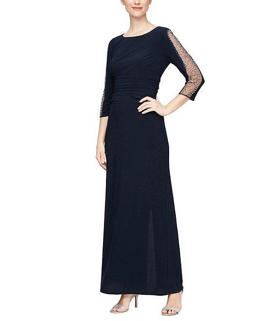 Ignite Evenings Embellished 3/4 Sleeve Ruched Bodice Boat Neck Column Gown Product Image