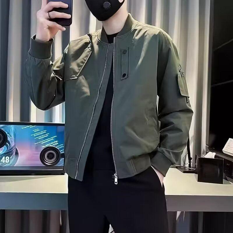 Stand Collar Plain Zip Bomber Jacket Product Image
