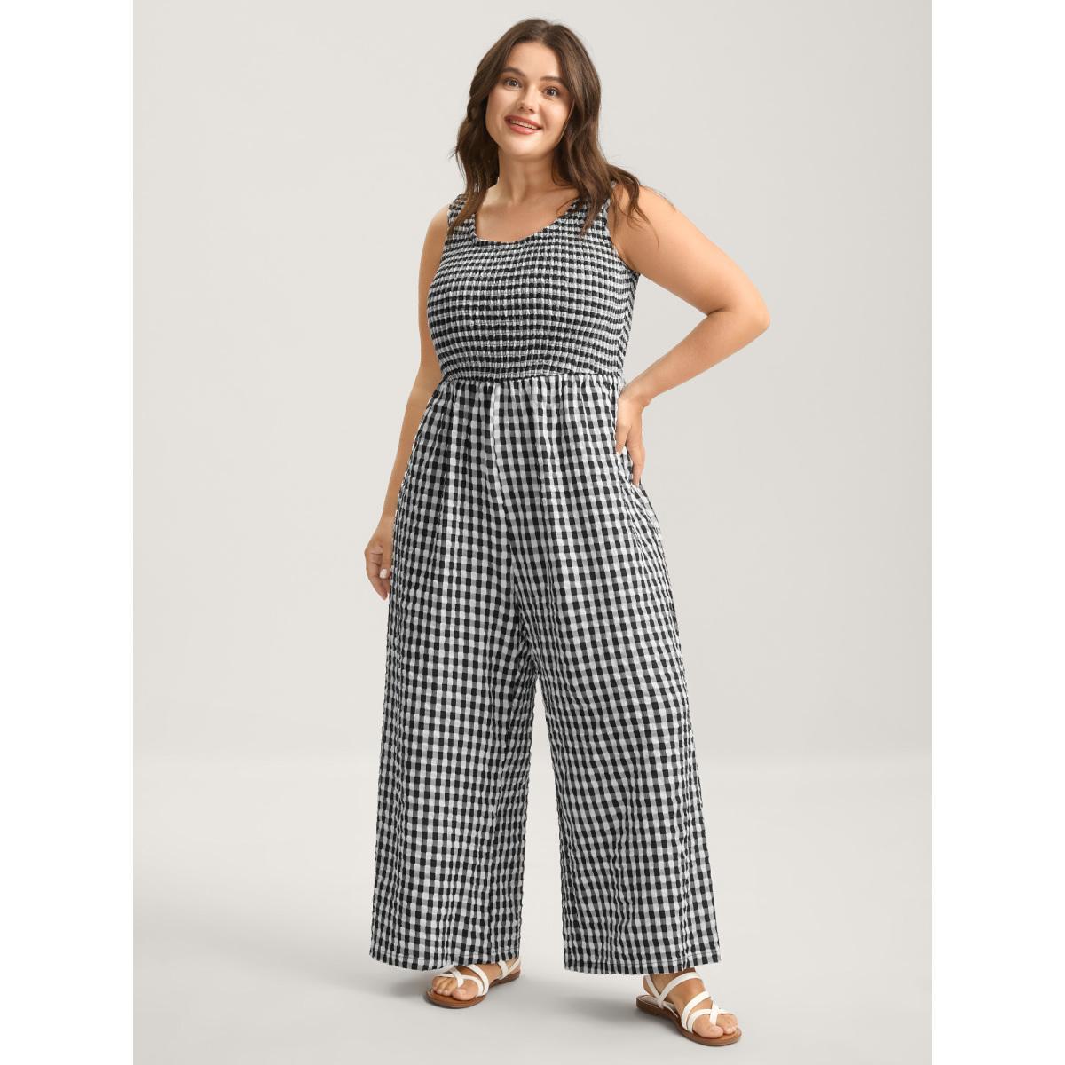 Plus Size Black Gingham Print Shirred Straight-Leg Jumpsuit Women Sleeveless U-neck Everyday-Casual Loose Jumpsuits BloomChic 10/M Product Image