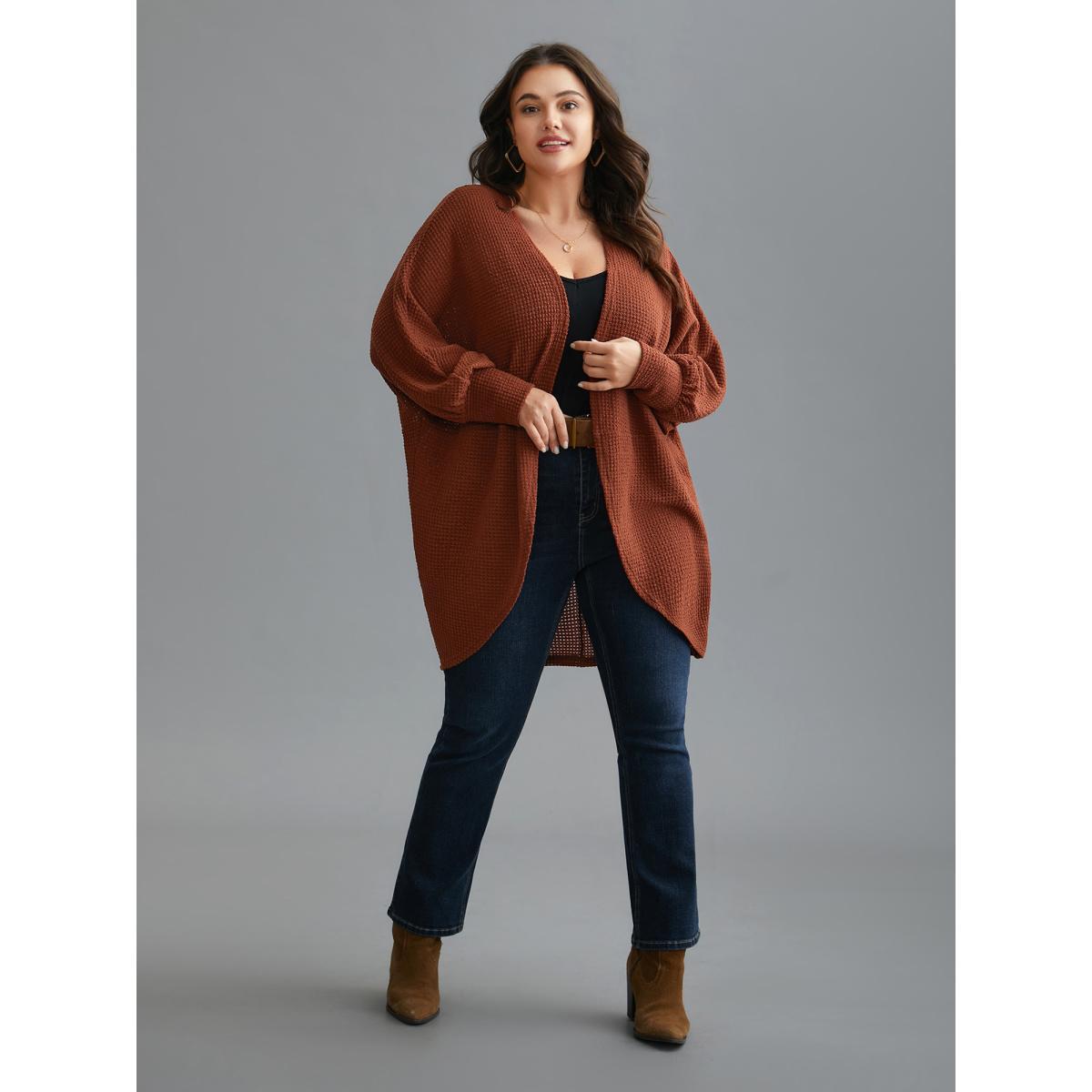 Plus Size Textured Curved Hem Lantern Sleeve Cardigan Women Russet Casual Texture Loose Everyday Kimonos BloomChic 14-16/1X Product Image