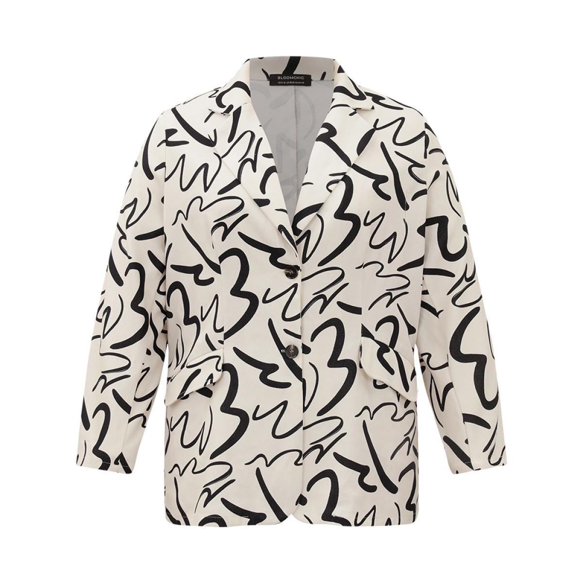Plus Size Line Print Suit Collar Pocket Button Through Blazer Ivory Women Dailywear Geometric Button Sleeve Long Sleeve Suit Collar 12/L Pocket Office Blazers BloomChic Product Image