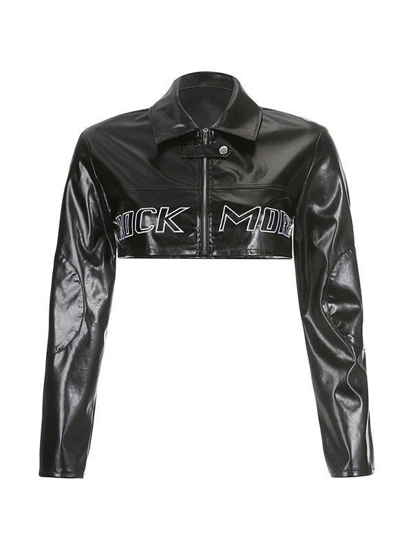 Logo Embroidery Cropped Pu Leather Jacket Product Image
