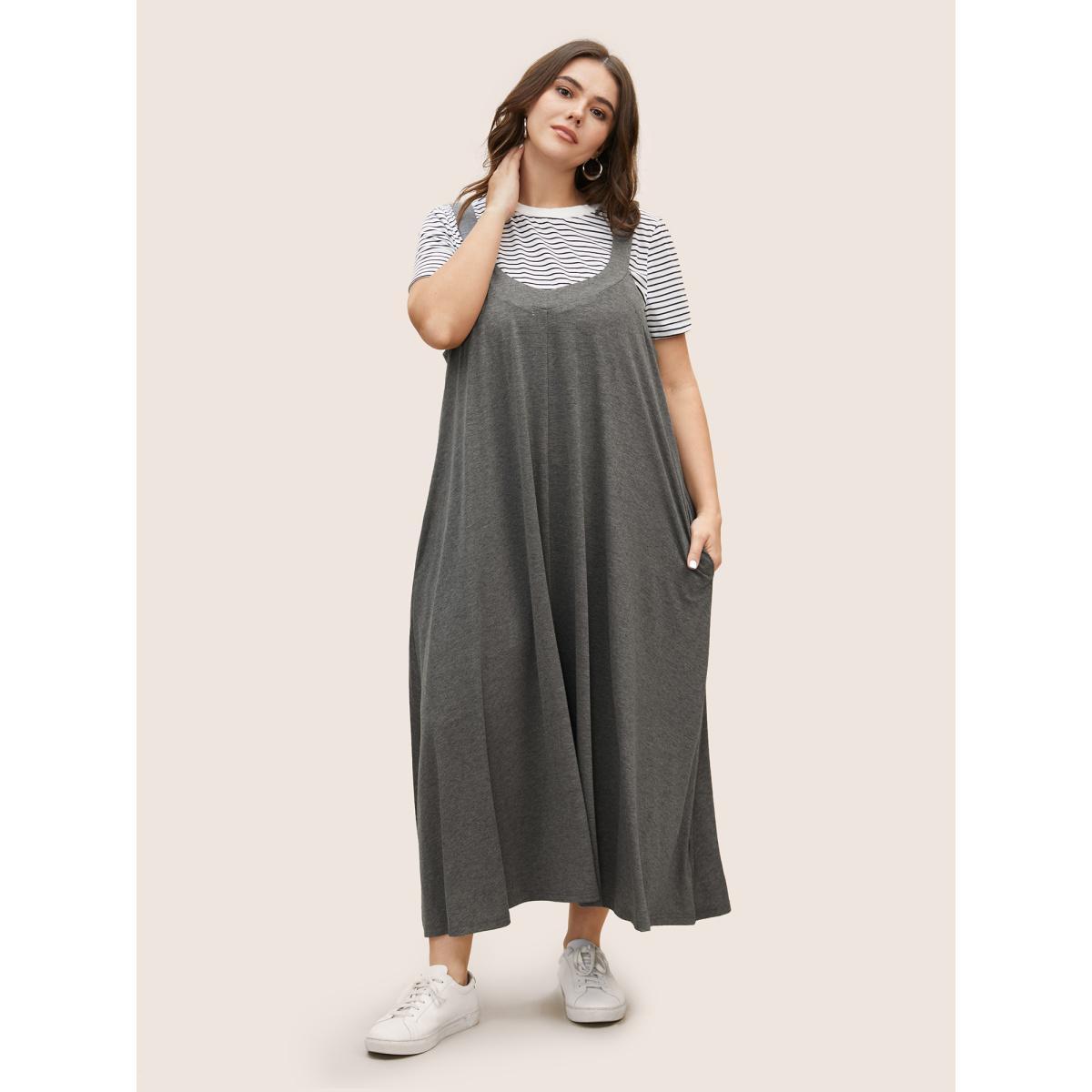 Plus Size Supersoft Essentials Plain Adjustable Straps Dress DarkGray Women Casual Non Sleeveless Curvy BloomChic 12/L Product Image