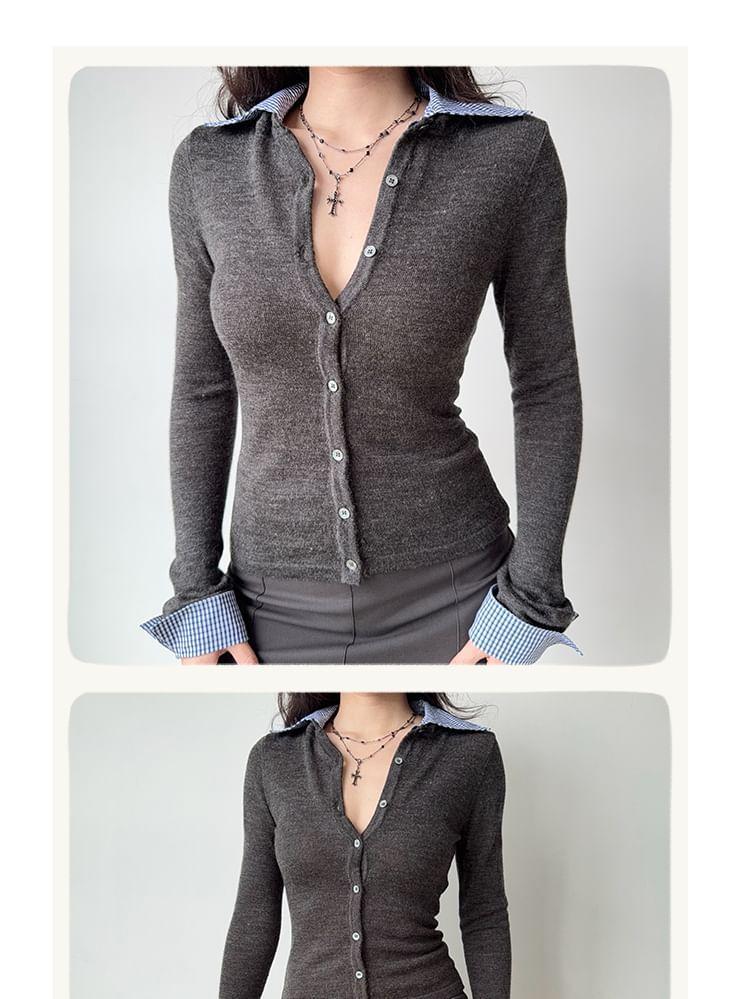 Collared Mock Two-Piece Plaid Panel Button-Up Cardigan Product Image