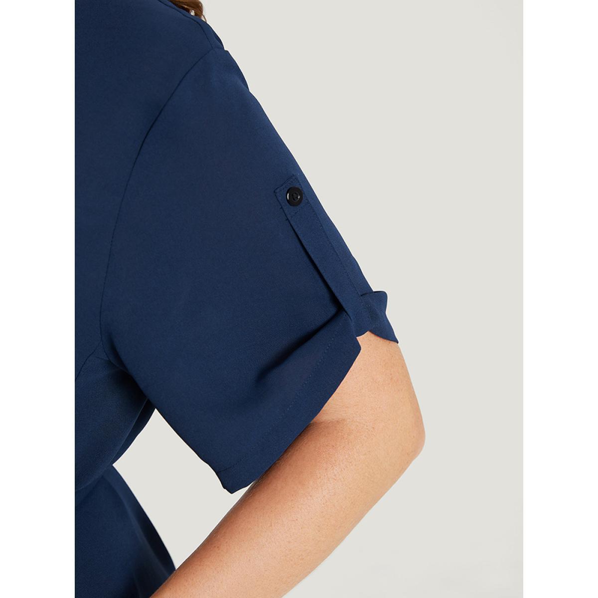 Plus Size Solid Cuffed Sleeve Button Up Belted Laser Cut Arc Hem Dress DarkBlue Women Office Belted Notched collar Short sleeve Curvy Knee Dress BloomChic 18-20/2X Product Image