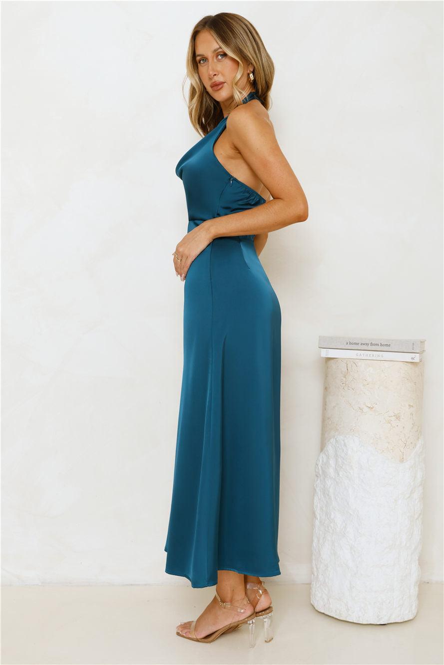 Night's Allure Satin Halter Maxi Dress Teal Product Image