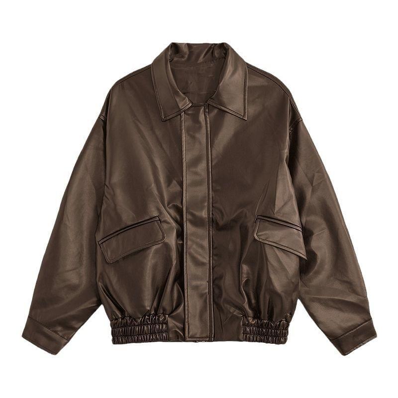 Long Sleeve Plain Faux Leather Loose-Fit Jacket Product Image