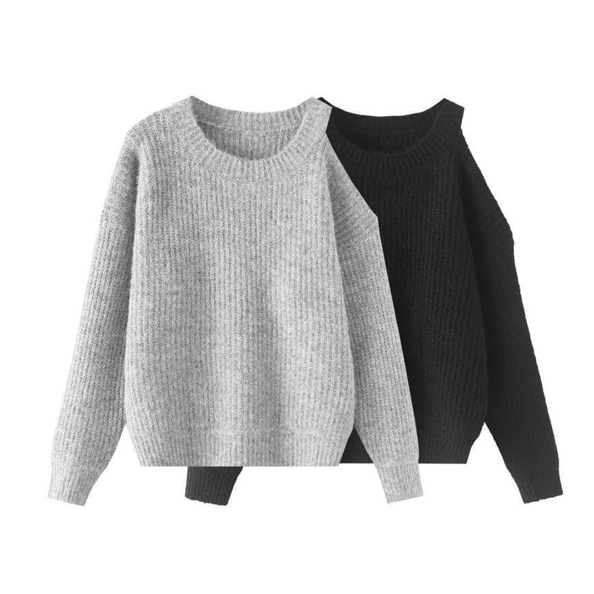 Round Neck Cold Shoulder Plain Sweater Product Image