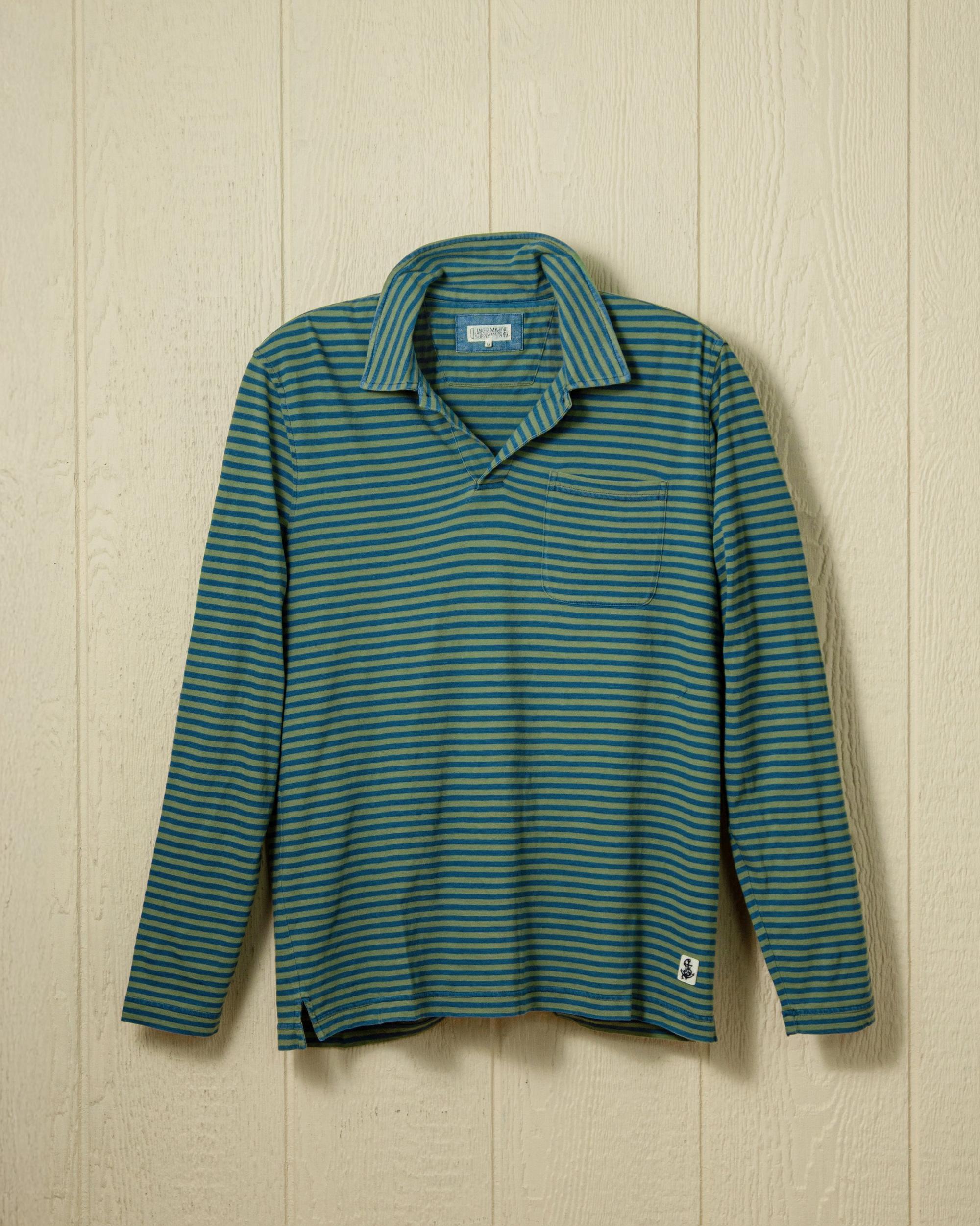 Long Sleeve Indigo Polo in Faded Spruce/Navy Even Stripe Product Image