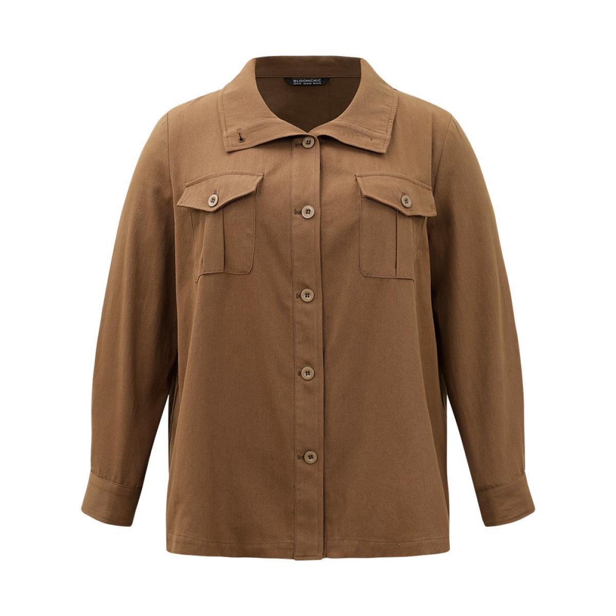 Plus Size Plain Roll Tab Sleeve Button Down Coat Women Bronze Casual Plain Ladies Dailywear Winter Coats BloomChic 28/5X Product Image
