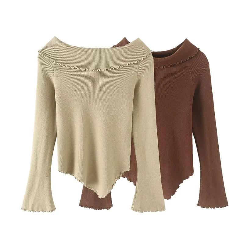 Long Sleeve Boat Neck Plain Frill Asymmetrical Knit Top Product Image