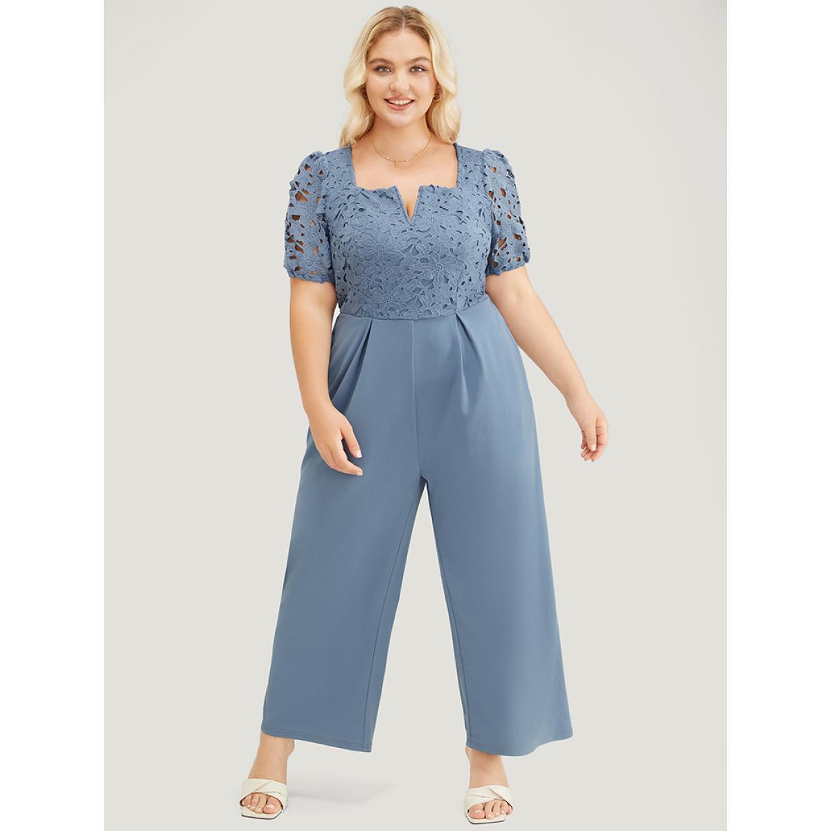 Plus Size Stone Solid Lace Notched Square Neck Pocket Pleated Jumpsuit Women Glamour Short sleeve V-neck Going out Loose Jumpsuits BloomChic 22-24/3X Product Image