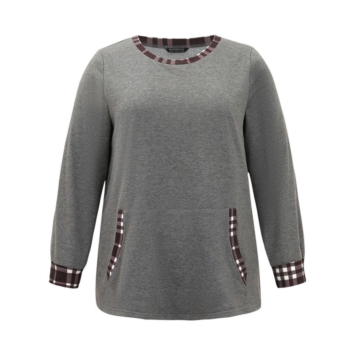 Plus Size Gingham Round Neck Pocket Patchwork Sweatshirt Women DimGray Casual Patchwork Round Neck Dailywear Sweatshirts BloomChic 10/M Product Image